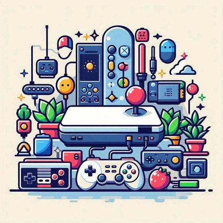 Retro video game console and gamepad, vector illustration in line art styleのイラスト素材