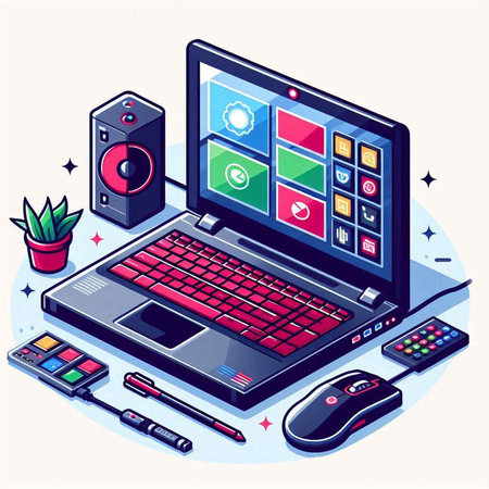 Laptop isometric vector illustration. Laptop computer with keyboard, mouse, speaker, keyboard, headphones and other electronic devices.のイラスト素材