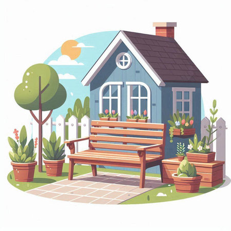 Vector illustration of a cozy house with a bench in the garden.のイラスト素材