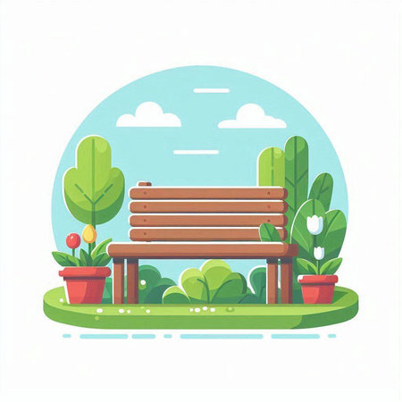 Wooden bench in the garden. Vector illustration in flat style.のイラスト素材