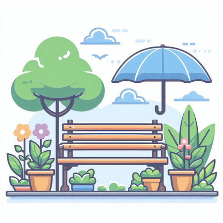 Vector illustration of a park bench with an umbrella and flowers in potsのイラスト素材