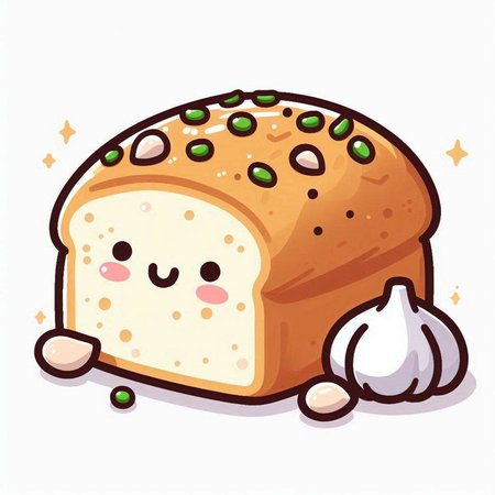 Illustration of a Cute Bread Character with Garlic and Peasのイラスト素材