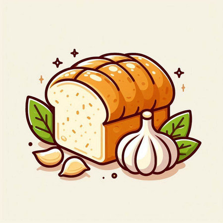 Illustration of a loaf of bread with garlic and green leaves.のイラスト素材