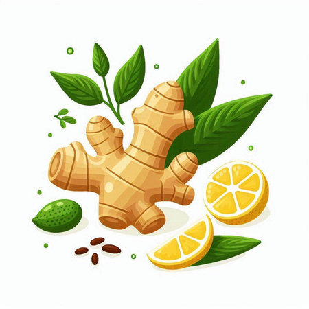 Ginger, lemon and mint leaves. Vector illustration on white background.のイラスト素材