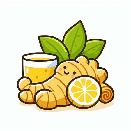 Ginger tea with lemon and leaves on white background. Vector illustration.のイラスト素材