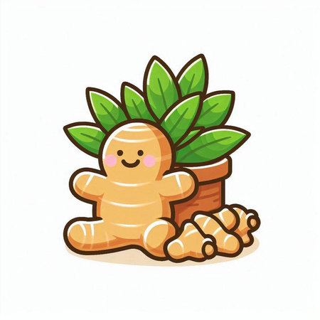 Ginger root and plant isolated on white background, vector illustration.のイラスト素材