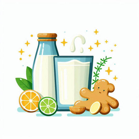 Illustration of a glass of milk, ginger, lemon and ginger on a white backgroundのイラスト素材