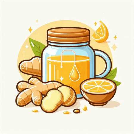 Ginger tea with lemon and honey in a glass jar. Vector illustration.のイラスト素材