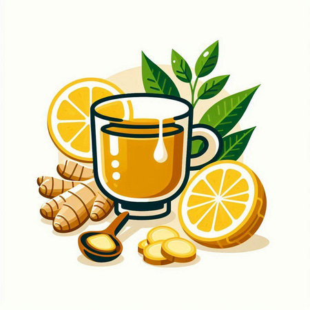 Ginger tea with lemon, honey and ginger root. Vector illustrationのイラスト素材