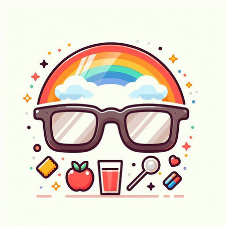 Glasses with rainbow, apple and other elements. Vector illustration.のイラスト素材