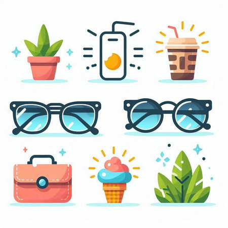 Set of flat icons with glasses, coffee, ice cream, briefcase. Vector illustrationのイラスト素材
