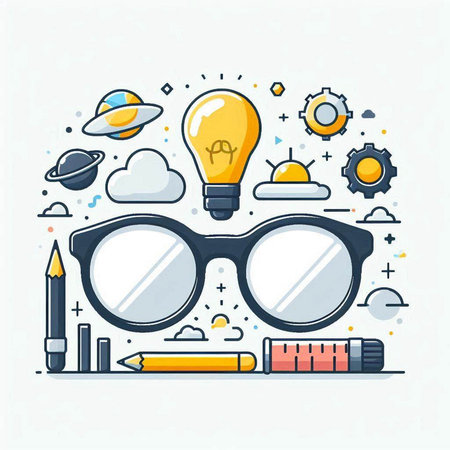 Vector illustration of glasses, pencils, lightbulb and other education elements.のイラスト素材