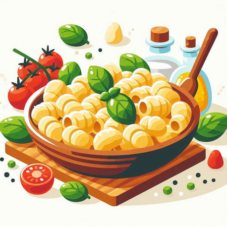 Italian pasta with tomato sauce and basil in a bowl. Vector illustration.のイラスト素材
