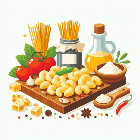 Pasta ingredients on cutting board. Vector illustration in cartoon style.のイラスト素材