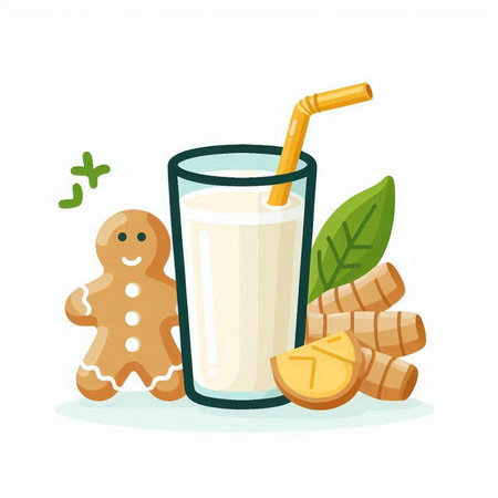 Glass of milk with gingerbread man and cookies. Vector illustration.のイラスト素材