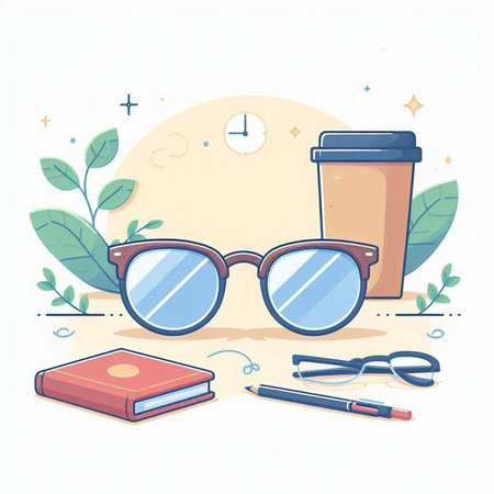 Coffee cup, glasses, book and leaves. Vector illustration.のイラスト素材