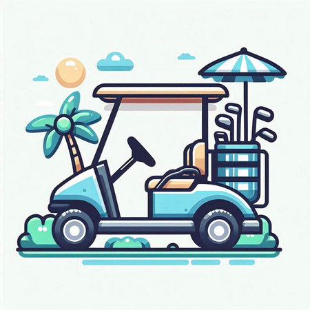 Golf cart on the beach. Vector illustration in line style.のイラスト素材