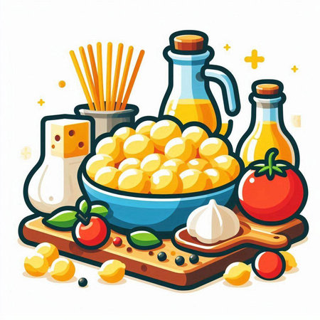 Illustration of a bowl of yellow macaroni, tomatoes, olive oil, garlic, salt, pepper.のイラスト素材