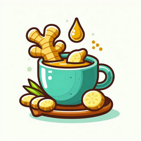 Cup of ginger tea with ginger root and drops. Vector illustration.のイラスト素材