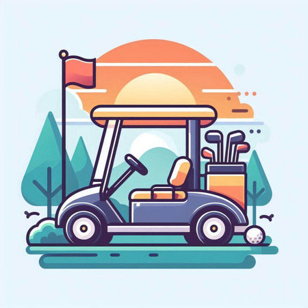 Golf cart on the golf course. Vector illustration in flat styleのイラスト素材