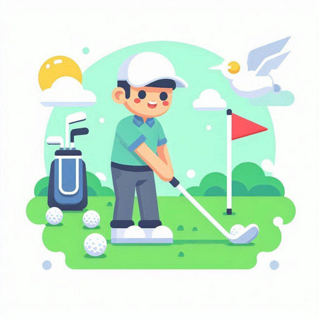 Golf player on a golf course. Flat style vector illustration.のイラスト素材