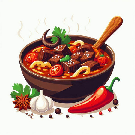 Beef stew with vegetables and spices in a bowl. Vector illustration.のイラスト素材