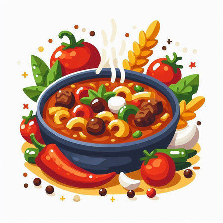 Bowl of soup with meat, mushrooms, vegetables and spices. Vector illustrationのイラスト素材