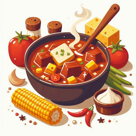 Illustration of a bowl of hot chili soup with ingredients on a white backgroundのイラスト素材