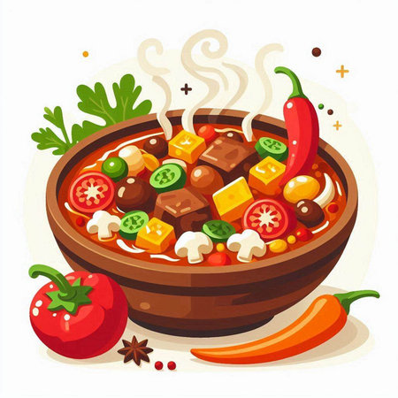 Illustration of a bowl of spicy beef stew with vegetables and spicesのイラスト素材