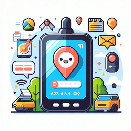 Smartphone with GPS navigation app. Vector illustration in flat style.のイラスト素材