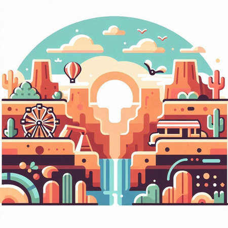 Landscape with mountains and cactuses. Vector illustration in flat styleのイラスト素材