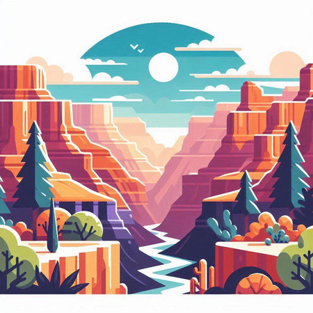 Colorful cartoon landscape with river and mountains. Vector illustration in flat styleのイラスト素材
