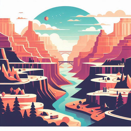 Fantasy landscape with river and bridge. Vector illustration in retro styleのイラスト素材
