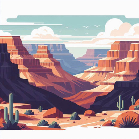 Desert landscape with cactuses and mountains. Vector illustration.のイラスト素材
