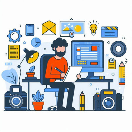 Vector illustration in trendy flat linear style - graphic designer working at his desk with a laptop, tablet, smartphone, camera and other tools.のイラスト素材