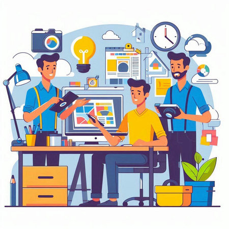 Photographer and photographer working in office. Vector illustration in flat styleのイラスト素材
