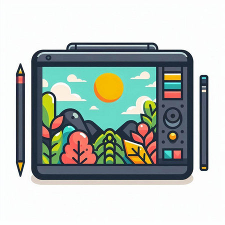 Vector illustration of a tablet with a picture on the screen and pencilsのイラスト素材