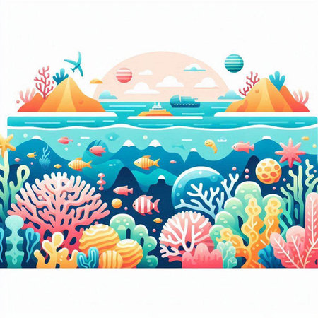 Coral reef and sea landscape. Vector illustration in cartoon style.のイラスト素材