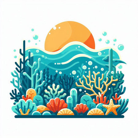 Underwater landscape with corals, seaweed and sun. Vector illustrationのイラスト素材