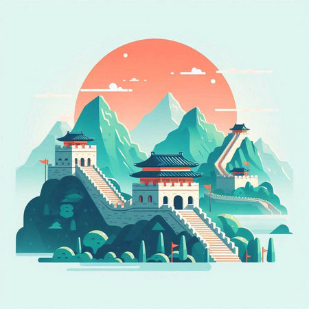 Landscape of the Great Wall of China. Vector illustration in flat style.のイラスト素材
