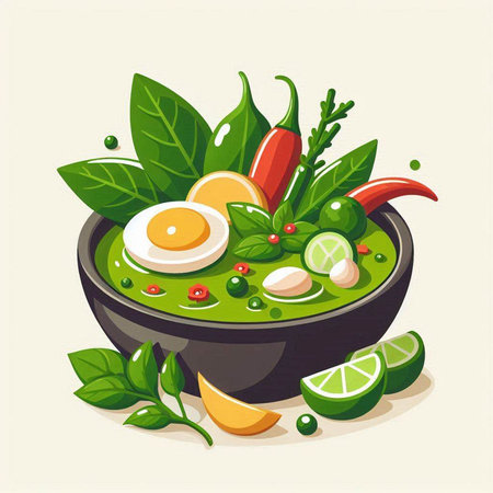 Spinach soup with egg, pepper and lime. Vector illustration.のイラスト素材