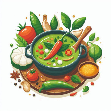 Vegetable soup in bowl with herbs and spices. Vector illustrationのイラスト素材