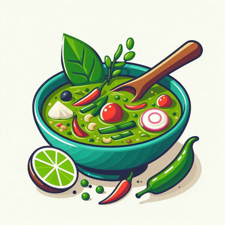 Spicy green curry in bowl with wooden spoon. Vector illustration.のイラスト素材