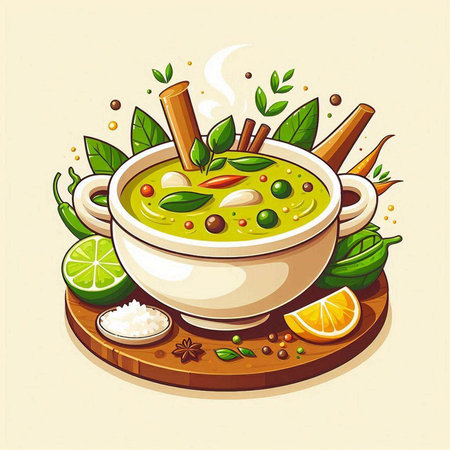Illustration of a bowl of green curry soup with herbs and spicesのイラスト素材