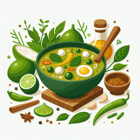 Vector illustration of green curry soup with ingredients and spices in flat style.のイラスト素材