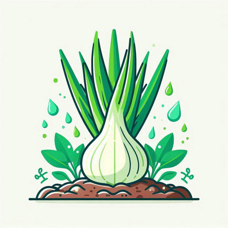 Vector illustration of fresh green onion with leaves and drops of water.のイラスト素材