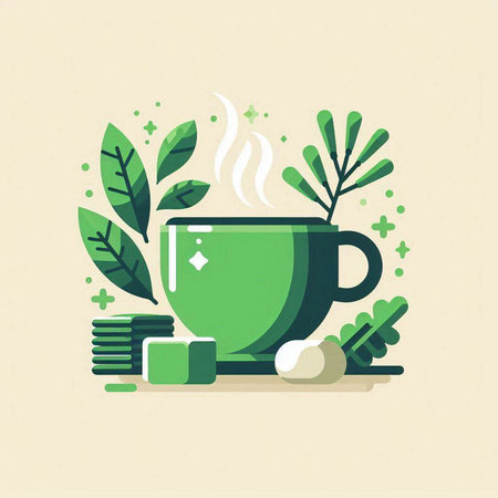 Coffee cup with green leaves. Flat style vector illustration.のイラスト素材