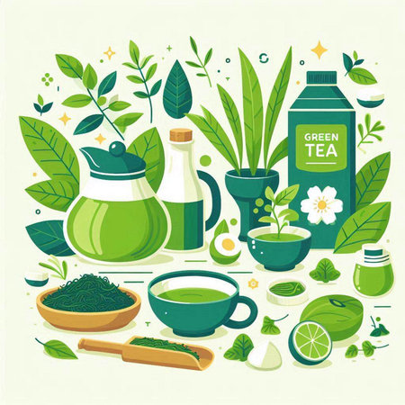 Green tea set with teapot, cup, leaf, leaves and other elements. Vector illustration.のイラスト素材