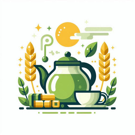 Tea time flat vector illustration. Teapot, cup, teacup, wheat ears on white background.のイラスト素材