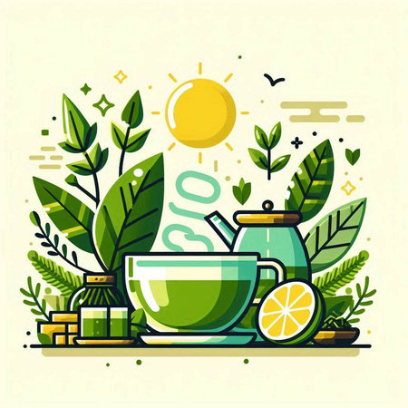 Green tea with lemon. Vector illustration in flat style. Green tea.のイラスト素材